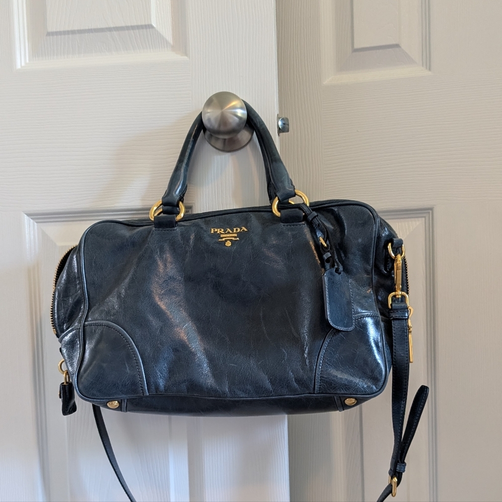 Prada Denim Blue Vitello Shine Leather Bauletto Bag BL0821